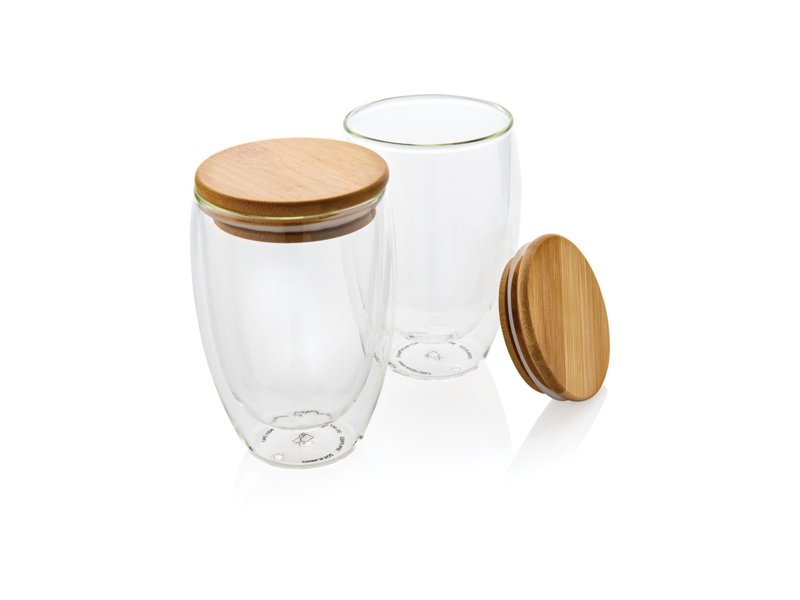 Dubbelwandig borosilicaatglas met bamboe deksel 350ml set