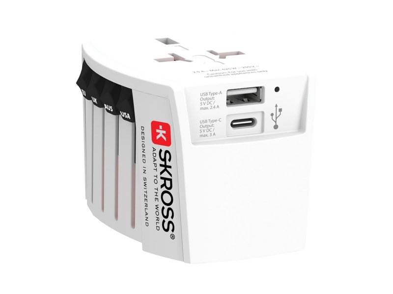 SKROSS MUV 2-polige wereldreisadapter met USB A en C